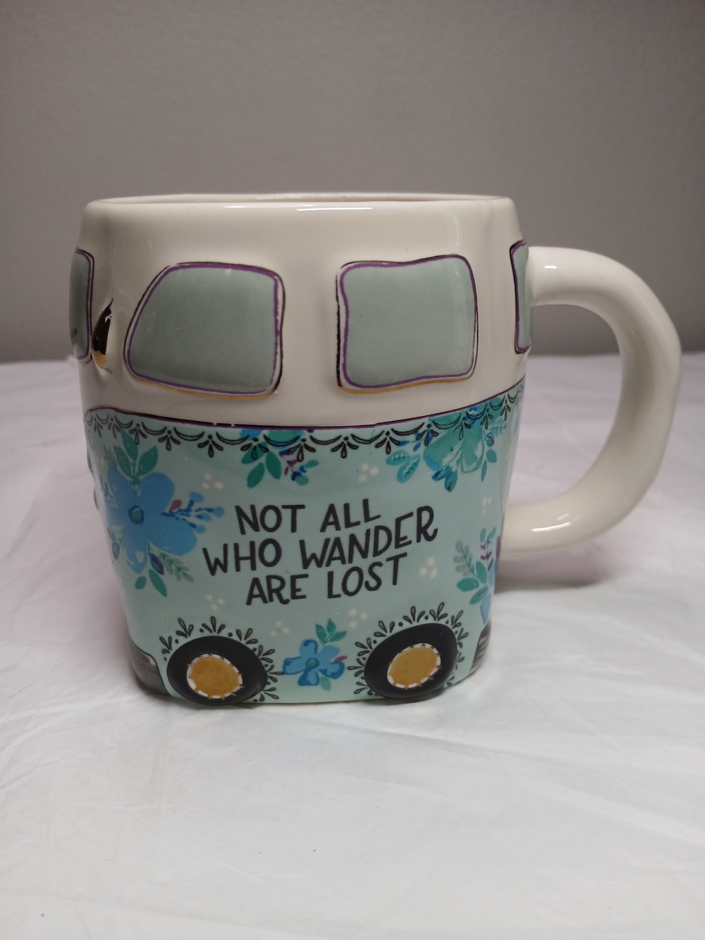 NATURAL LIFE Mint Floral Camper Mug with Cream Trim and Yellow Wheels